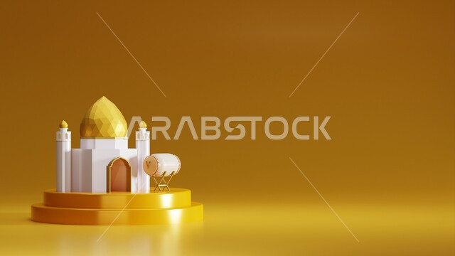 خلفيات اسلاميه ثري دي، زينة الاعياد والمناسبات الدينية، اماكن مقدسة للطاعة والتقرب الى الله، مجسم ثلاثي الابعاد لمسجد ابيض وذهبي بتصاميم هندسية معمارية فاخرة، اسلاميات و عباده, خلفية صفراء