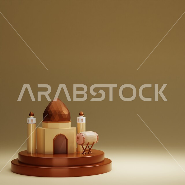 زينة الاعياد والمناسبات الدينية، خلفيات اسلاميه ثري دي، اماكن مقدسة للطاعة والتقرب الى الله، مجسم ثلاثي الابعاد لمسجد ملون بتصاميم هندسية معمارية فاخرة، اسلاميات و عباده, خلفية بيج