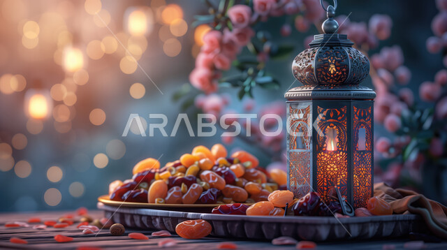  ديكورات وأنوار في الأجواء الرمضانية الروحانية، فوانيس و تحف اسلامية تقليدية للاحتفال بقدوم شهر الخير، ضيافة شهر رمضان المبارك، التحف والاكسسوارات بجانب طبق من التمر والفواكه المجففة، فوانيس عربية معدنية مزخرفة مضيئة