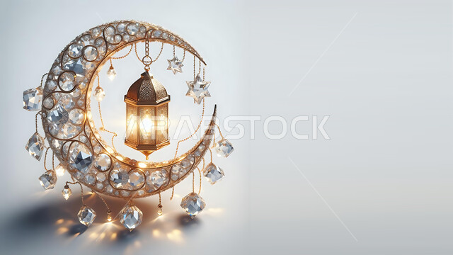 زينة وأكسسورات الأعياد والمناسبات الدينية, احتفال المسلمين بقدوم شهر رمضان المبارك. أجواء اسلامية رمضانية روحانية, التصاميم الراقية للتحف والهلال والفوانيس المتوهجة والمتلألئة, خلفية بيضاء