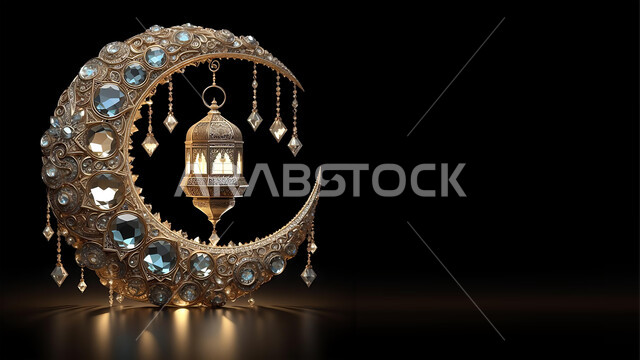 التصاميم الراقية للتحف والهلال والفوانيس المتوهجة والمتلألئة, زينة وأكسسورات الأعياد والمناسبات الدينية, احتفال المسلمين بقدوم شهر رمضان المبارك. أجواء اسلامية رمضانية روحانية, خلفية سوداء