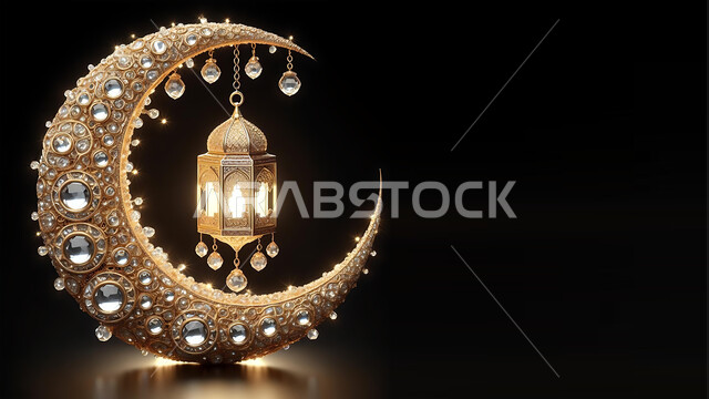  احتفال المسلمين بقدوم شهر رمضان المبارك, التصاميم الراقية للتحف والهلال والفوانيس المتوهجة والمتلألئة, زينة وأكسسورات الأعياد والمناسبات الدينية, أجواء اسلامية رمضانية روحانية, خلفية سوداء