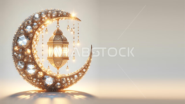 زينة وأكسسورات الأعياد والمناسبات الدينية, احتفال المسلمين بقدوم شهر رمضان المبارك. أجواء اسلامية رمضانية روحانية, التصاميم الراقية للتحف والهلال والفوانيس المتوهجة والمتلألئة, خلفية بيضاء