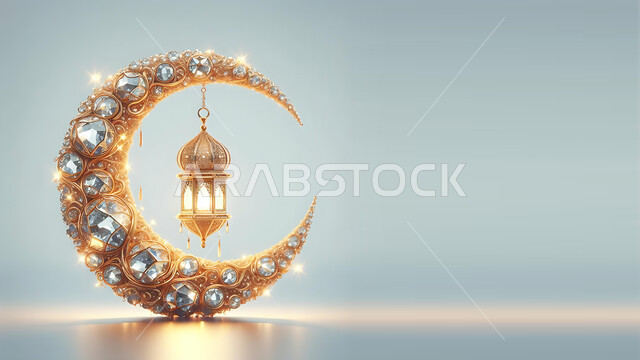 أجواء اسلامية رمضانية روحانية, التصاميم الراقية للتحف والهلال والفوانيس المتوهجة والمتلألئة, زينة وأكسسورات الأعياد والمناسبات الدينية, احتفال المسلمين بقدوم شهر رمضان المبارك, خلفية بيضاء