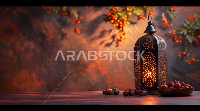 ضيافة شهر رمضان المبارك، التحف والاكسسوارات بجانب طبق من التمور الفاخرة، فوانيس عربية معدنية مزخرفة مضيئة، ديكورات وأنوار في الأجواء الرمضانية الروحانية، فوانيس و تحف اسلامية تقليدية للاحتفال بقدوم شهر الخير