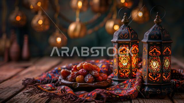 فوانيس و تحف اسلامية تقليدية للاحتفال بقدوم شهر الخير، ضيافة شهر رمضان المبارك، التحف والاكسسوارات بجانب طبق من التمور الفاخرة، فوانيس عربية معدنية مزخرفة مضيئة، ديكورات وأنوار في الأجواء الرمضانية الروحانية