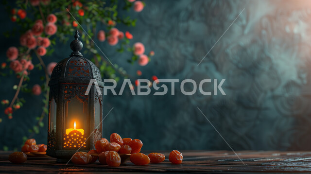 ضيافة شهر رمضان المبارك، التحف والاكسسوارات بجانب طبق من التمور الفاخرة، فوانيس عربية معدنية مزخرفة مضيئة، ديكورات وأنوار في الأجواء الرمضانية الروحانية، فوانيس و تحف اسلامية تقليدية للاحتفال بقدوم شهر الخير