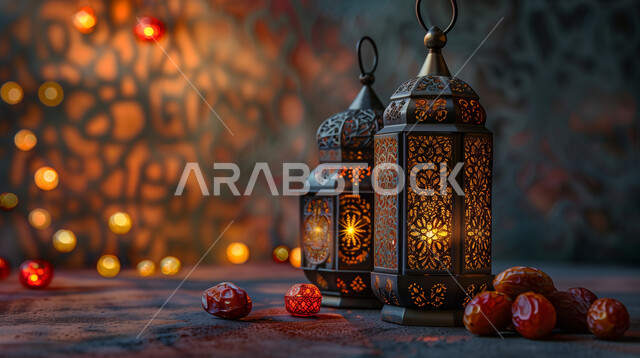 ديكورات وأنوار في الأجواء الرمضانية الروحانية، فوانيس و تحف اسلامية تقليدية للاحتفال بقدوم شهر الخير، ضيافة شهر رمضان المبارك، التحف والاكسسوارات بجانب طبق من التمور الفاخرة، فوانيس عربية معدنية مزخرفة مضيئة