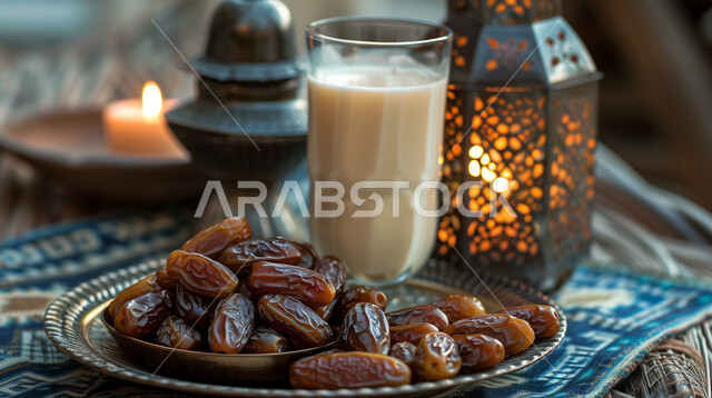  ديكورات وأنوار في الأجواء الرمضانية الروحانية، فوانيس و تحف اسلامية تقليدية للاحتفال بقدوم شهر الخير، ضيافة شهر رمضان المبارك، التحف والاكسسوارات بجانب طبق من التمور الفاخرة، فوانيس عربية معدنية مزخرفة مضيئة