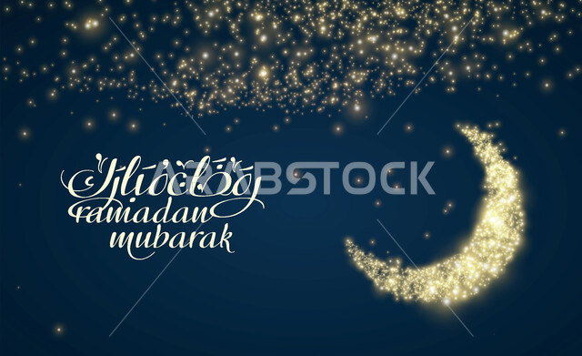 بطاقة تهنئة رمضانية مزخرفه مع هلال الشهر, مناسبات وأعياد دينية اسلامية, مخطوطة رمضان مبارك بالخط العربي الاصيل, عبارات ونصوص باللغه العربيه الفصحى واللغة الانجليزية, خلفية زرقاء