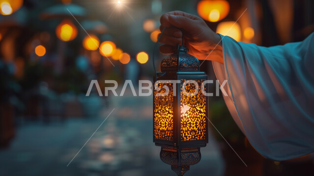 الاحتفال بقدوم شهر الخير، الاستعداد والتجهز لاستقبال شهر رمضان المبارك، صورة مقربة ليد رجل عربي خليجي سعودي يحمل فانوس معدني مزخرف مضيء، زينة وأنوار الأعياد والمناسبات الدينية الاسلامية