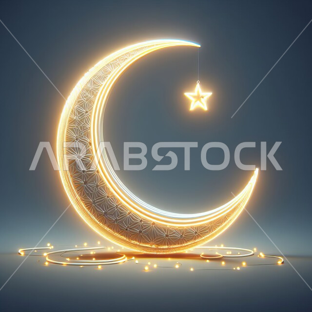 التصاميم الراقية للتحف والهلال والفوانيس المتوهجة والمتلألئة, زينة وأكسسورات الأعياد والمناسبات الدينية, احتفال المسلمين بقدوم شهر رمضان المبارك، أجواء اسلامية رمضانية روحانية, خلفية رمادية