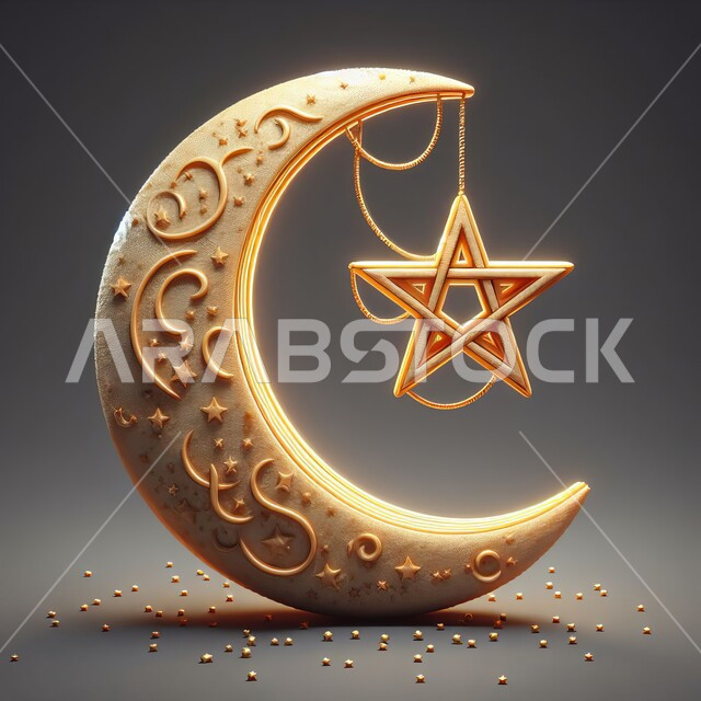  أجواء اسلامية رمضانية روحانية, التصاميم الراقية للتحف والهلال المضاء والفوانيس المزخرفة, زينة وأكسسورات الأعياد والمناسبات الدينية, احتفال المسلمين بقدوم شهر رمضان المبارك، خلفية رمادية