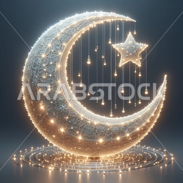 التصاميم الراقية للتحف والهلال والفوانيس المتوهجة والمتلألئة, زينة وأكسسورات الأعياد والمناسبات الدينية, احتفال المسلمين بقدوم شهر رمضان المبارك، أجواء اسلامية رمضانية روحانية, خلفية رمادية