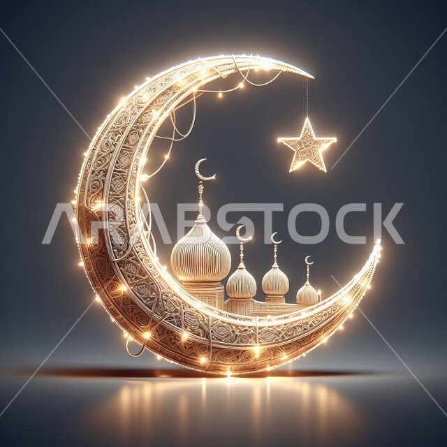 مجسم ثلاثي الأبعاد لهلال داخله مسجد بتصاميم وديكورات فاخرة، الاحتفال بقدوم  شهر رمضان المبارك، زينة وفوانيس معلقة مضيئة، مناسبات وأعياد دينية إسلامية، خلفية سوداء