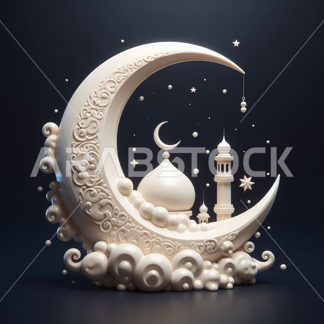 مجسم ثلاثي الأبعاد لهلال داخله مسجد بتصاميم وديكورات فاخرة، الاحتفال بقدوم  شهر رمضان المبارك، زينة وفوانيس معلقة مضيئة، مناسبات وأعياد دينية إسلامية، خلفية سوداء