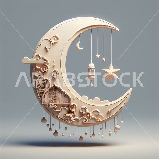 زينة وأكسسورات الأعياد والمناسبات الدينية, احتفال المسلمين بقدوم شهر رمضان المبارك، أجواء اسلامية رمضانية روحانية, التصاميم الراقية للتحف والهلال والفوانيس المزخرفة, خلفية بيضاء