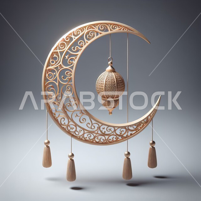 زينة وأكسسورات الأعياد والمناسبات الدينية, احتفال المسلمين بقدوم شهر رمضان المبارك، أجواء اسلامية رمضانية روحانية, التصاميم الراقية للتحف والهلال والفوانيس المزخرفة, خلفية بيضاء