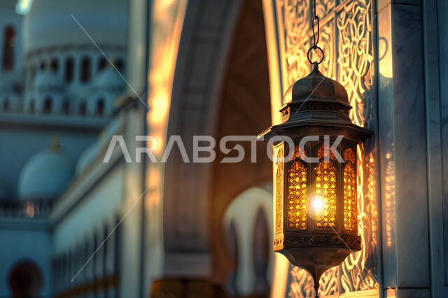 استعداد المسلمين لاستقبال رمضان المبارك, ديكورات وتحف وزينة شهر الخير, فوانيس معدينة متوهجة للاحتفال بالأعياد والمناسبات الدينية, أجواء وأنوار روحانية رمضانية, خلفية مسجد