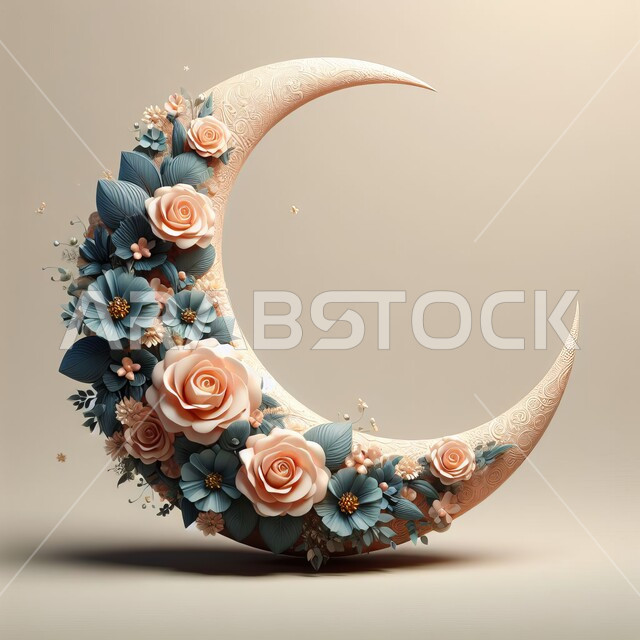 زينة وأكسسورات الأعياد والمناسبات الدينية, احتفال المسلمين بقدوم شهر رمضان المبارك، أجواء اسلامية رمضانية روحانية, مجسم ثلاثي الابعاد لهلال مصنوع من الأزهار والورود الملونة, خلفية بيضاء