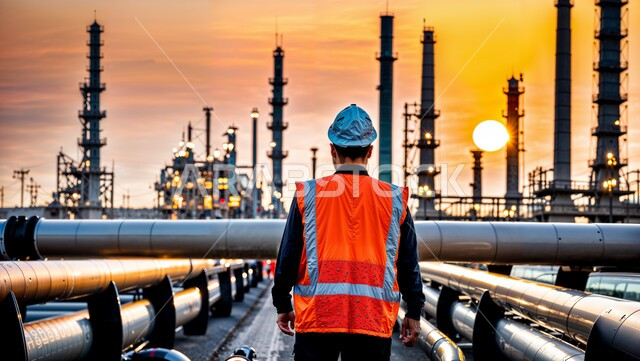 متابعة سير الاعمال في المصانع, صورة من الخلف لمهندس عربي خليجي سعودي يرتدي الخوذة وسترة الحماية يعمل في صناعة البترول, الجزء الداخلي لمبنى صناعي كبير مزود بأنابيب لانتاج الغاز في السعودية, معدات وأدوات ثقيلة, مفهوم الهندسة والصناعة