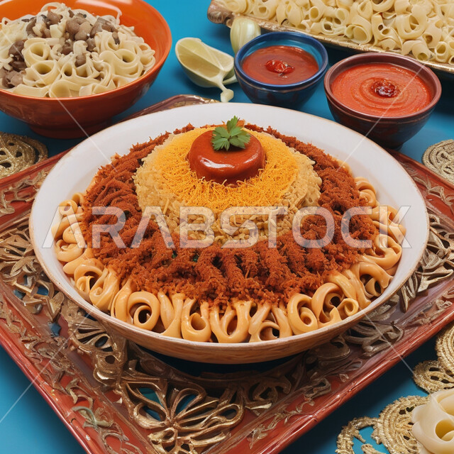 مطاعم عربية شرقية, أطباق شعبية تقليدية, الأرز والمعكرونة المزينة بالصلصة الحارة, طبق الكشري لمصري الشهير, سفرة مأكولات ومقبلات لذيذة