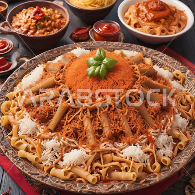 أطباق شعبية تقليدية, مطاعم عربية شرقية, الأرز والمعكرونة المزينة بالصلصة الحارة, طبق الكشري لمصري الشهير, سفرة مأكولات ومقبلات لذيذة