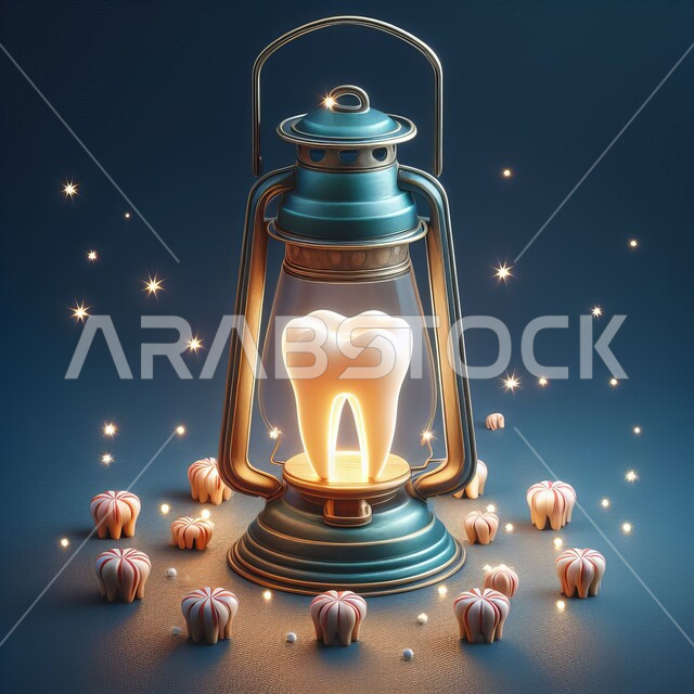 العادات والتقاليد العربية في زينة الأعياد والمناسبات الدينية، فوانيس وتحف وديكورات تقليدية للاحتفال بقدوم شهر رمضان المبارك، أجواء رمضانية وروحانية إسلامية، فانوس عربي معدني مزخرف بداخله سن مضيء، خلفية زرقاء