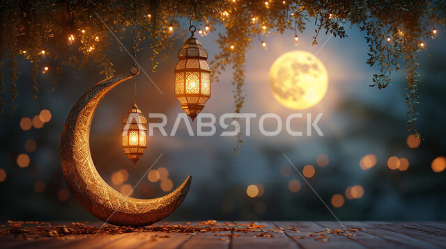 ديكورات وأنوار في الأجواء الرمضانية الروحانية، فانوس عربي معدني مزخرف مضيئ، فوانيس اسلامية تقليدية للاحتفال بقدوم شهر الخير، هلال شهر رمضان المبارك