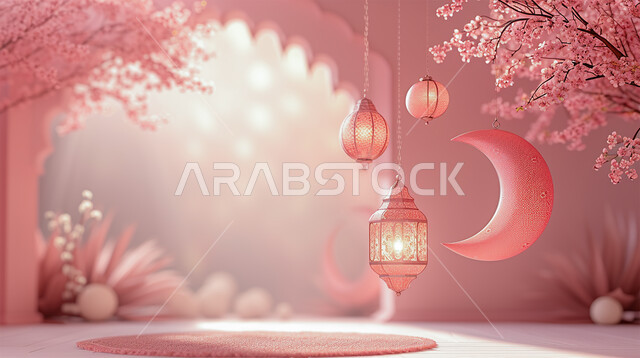  ديكورات وأنوار في الأجواء الرمضانية الروحانية باللون الوردي، فانوس عربي معدني مزخرف مضيئ، فوانيس اسلامية تقليدية للاحتفال بقدوم شهر الخير، هلال شهر رمضان المبارك