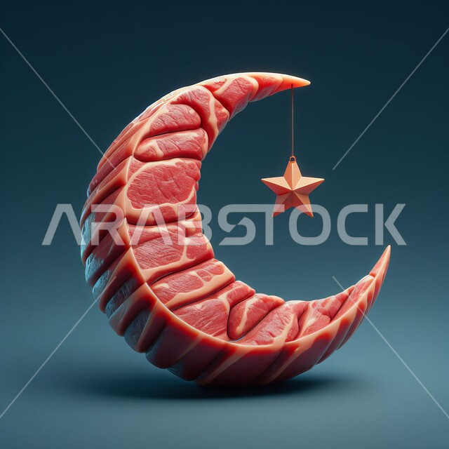 اللحوم الطازجه النيئه، مجسم ثلاثي الأبعاد لقطعة لحم على شكل هلال رمضان، نجمة وزينة شهر الخير، منتج وطني محلي سعودي، الاحتفال بالمناسبات والأعياد الدينية، خلفيه رماديه