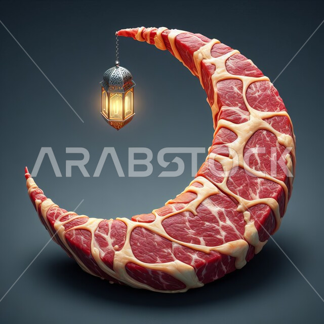 مجسم ثلاثي الأبعاد لقطعة لحم على شكل هلال رمضان، اللحوم الطازجه النيئه، فانوس وزينة شهر الخير، منتج وطني محلي سعودي، الاحتفال بالمناسبات والأعياد الدينية، خلفيه رماديه