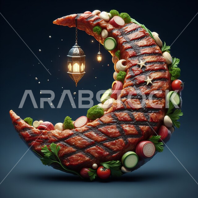 Lantern and Ramadan decorations, 3D model of grilled steak with crescent-shaped vegetables, local Saudi national product, delicious grilled meat, celebration of religious occasions and holidays, main meal, gray background