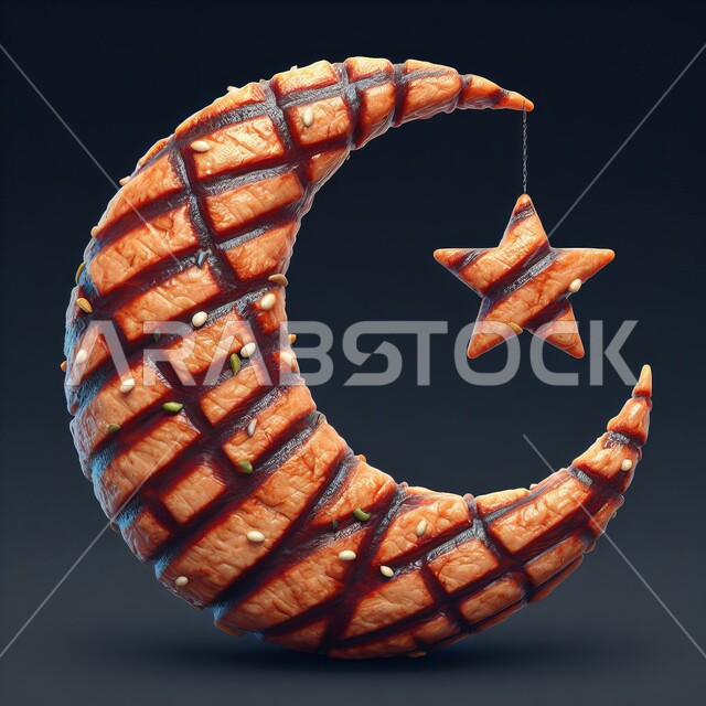 A 3D model of a grilled steak in the shape of a crescent and a star, a local Saudi national product, delicious grilled meat, celebration of religious occasions and holidays, a main meal, gray background
