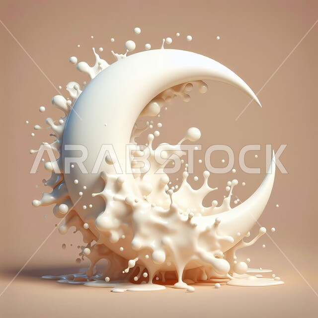 حليب بقري طازج، زينة شهر رمضان، مجسم ثلاثي الأبعاد لهلال، منتج وطني محلي سعودي، الاحتفال بالمناسبات والأعياد الدينية، المشروبات الصحية واللذيذة، خلفية وردية