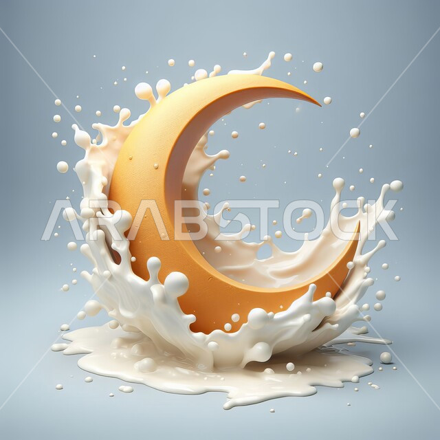 المشروبات الصحية واللذيذة، حليب بقري طازج، زينة شهر رمضان، مجسم ثلاثي الأبعاد لهلال، منتج وطني محلي سعودي، الاحتفال بالمناسبات والأعياد الدينية، خلفية زرقاء