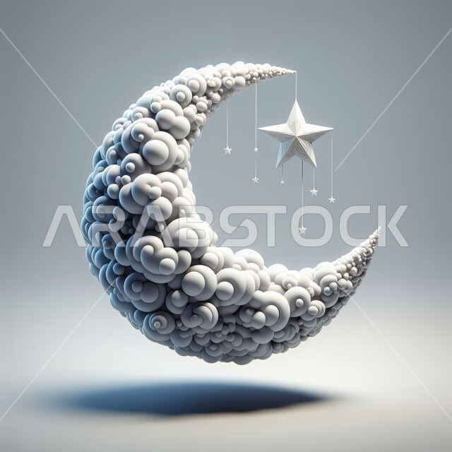 زينة و ديكور شهر رمضان، مجسم ثلاثي الأبعاد لمجموعة من الغيوم على شكل هلال، منظر السحب المتكاثفة، الاحتفال بالمناسبات والأعياد الدينية، خلفية رمادية