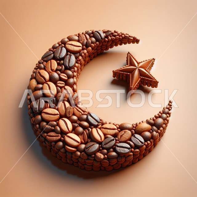منتج وطني محلي، حبوب القهوة من المحامص السعودية، المنبهات القوية والكافيئين، مجسم ثلاثي الأبعاد لحبيبات بن على شكل هلال ونجمة، الاحتفال بالمناسبات والأعياد الدينية، خلفيه رمادية