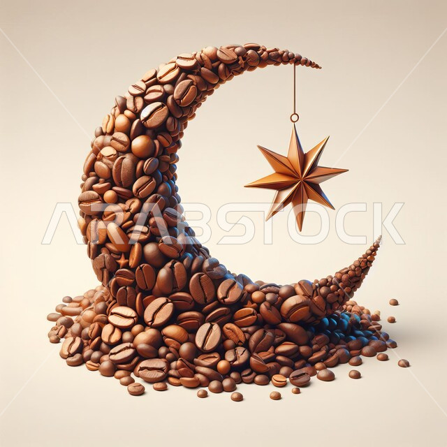 Coffee beans from Saudi roasters, strong stimulants and caffeine, 3D model of coffee beans in the shape of a crescent and star, celebration of religious occasions and holidays, a local national product, gray background