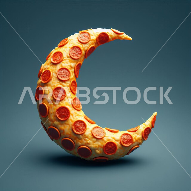 المعجنات من المخابز السعودية، مجسم ثلاثي الأبعاد لفطيرة بيتزا بالجبن وشرائح السلامي على شكل هلال، المخبوزات الشهية الطازجة، الاحتفال بالمناسبات والأعياد الدينية، وجبة طعام رئيسية، خلفية رمادية