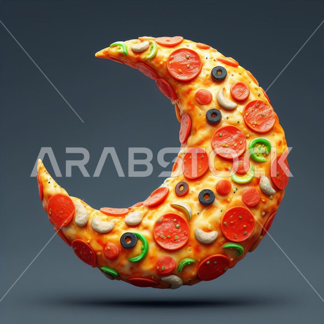 المخبوزات الشهية الطازجة، مجسم ثلاثي الأبعاد لفطيرة بيتزا بالخضار والجبن على شكل هلال، المعجنات من المخابز السعودية، الاحتفال بالمناسبات والأعياد الدينية، وجبة طعام رئيسية، خلفيه وردية