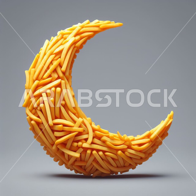 الاحتفال بالمناسبات والأعياد الدينية، مجسم ثلاثي الأبعاد لقطع من البطاطس المقلية على شكل هلال، الأطعمة والمأكولات السريعة، وجبة من المقبلات الشهية، خلفيه رمادية