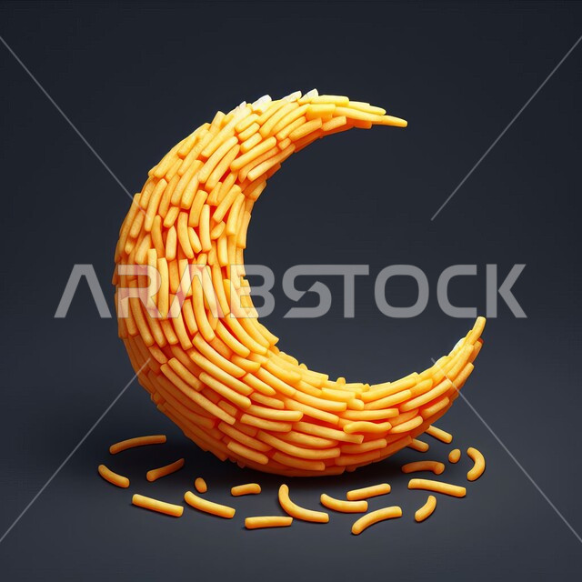 A 3D model of crescent-shaped pieces of fried potatoes, fast foods and meals, a delicious appetizer meal, celebrating religious occasions and holidays, black background.