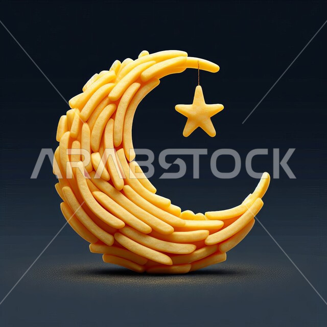 الأطعمة والمأكولات السريعة، وجبة من المقبلات الشهية، مجسم ثلاثي الأبعاد لقطع من البطاطس المقلية على شكل هلال ونجمة، الاحتفال بالمناسبات والأعياد الدينية، خلفيه رمادية
