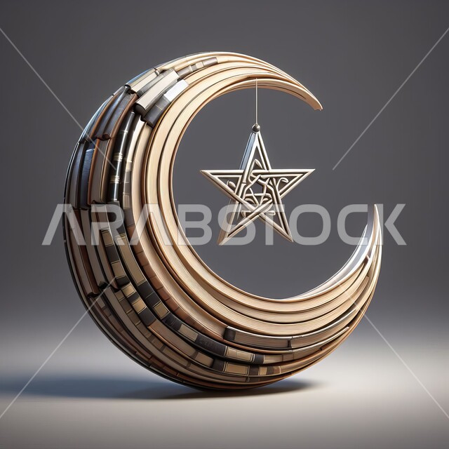 المراجع العلمية والروايات الثقافية، حب القراءة والاطلاع على التاريخ، زينة شهر رمضان المبارك، الاحتفال بالمناسبات والأعياد الدينية، مجسم ثلاثي الأبعاد لمجموعة من الكتب على شكل هلال ونجمة، خلفيه رمادية