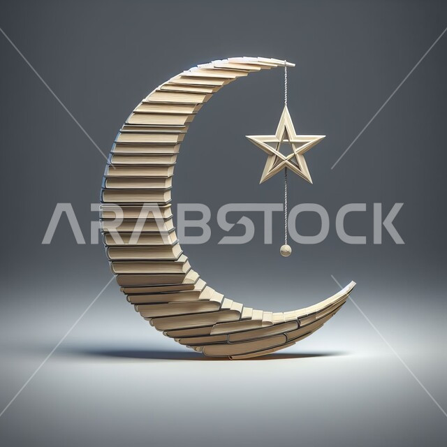 حب القراءة والاطلاع على التاريخ، زينة شهر رمضان المبارك، الاحتفال بالمناسبات والأعياد الدينية، مجسم ثلاثي الأبعاد لمجموعة من الكتب على شكل هلال ونجمة، المراجع العلمية والروايات الثقافية، خلفيه رمادية