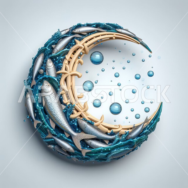 الاحتفال بالمناسبات والأعياد الدينية، زينة شهر رمضان المبارك، مجسم ثلاثي الأبعاد لمجموعة من الاسماك المتجمعة على شكل هلال، استكشاف الطبيعة المائية، الثروة السمكية في البحار العربية السعودية، المياه المتناثرة بعشوائية، خلفيه زرقاء