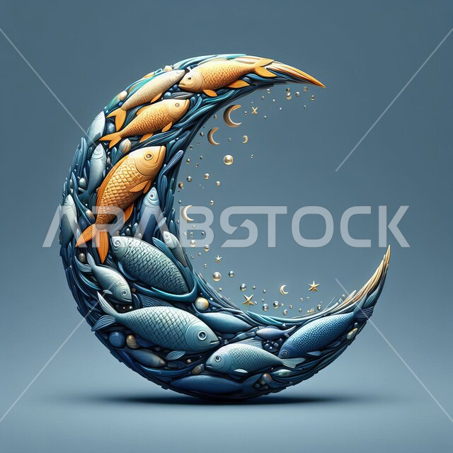 الثروة السمكية في البحار العربية السعودية، الاحتفال بالمناسبات والأعياد الدينية، زينة شهر رمضان المبارك، مجسم ثلاثي الأبعاد لمجموعة من الاسماك المتجمعة على شكل هلال، استكشاف الطبيعة المائية، المياه المتناثرة بعشوائية، خلفيه زرقاء