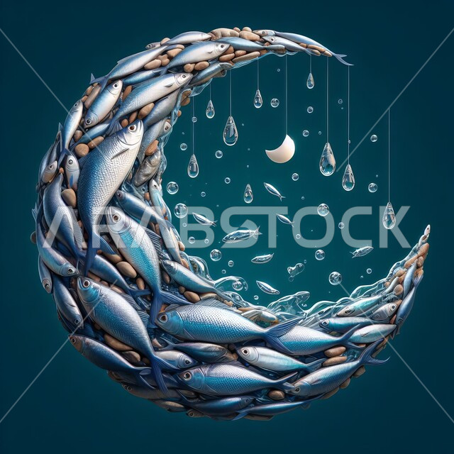 كائنات حية مائية، الاحتفال بالمناسبات والأعياد الدينية، زينة شهر رمضان المبارك، مجسم ثلاثي الأبعاد لمجموعة من الاسماك المتجمعة على شكل هلال، استكشاف الطبيعة المائية، المياه المتناثرة بعشوائية، خلفيه زرقاء