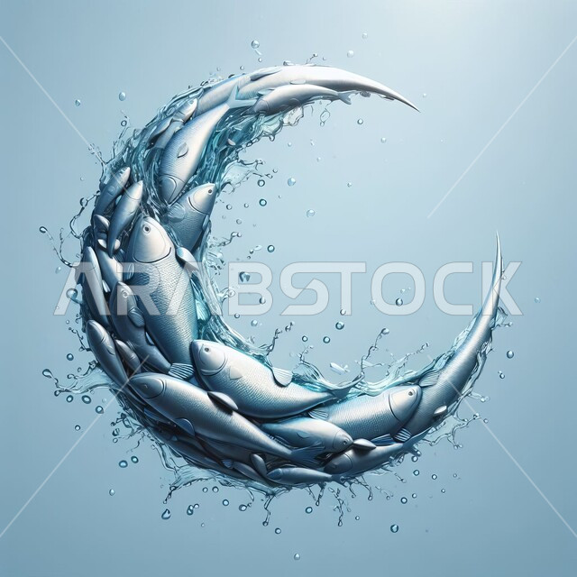 مجسم ثلاثي الأبعاد لمجموعة من الاسماك المتجمعة على شكل هلال، استكشاف الطبيعة المائية، الثروة السمكية في البحار العربية السعودية، زينة شهر رمضان المبارك، الاحتفال بالمناسبات والأعياد الدينية، المياه المتناثرة بعشوائية، خلفيه زرقاء